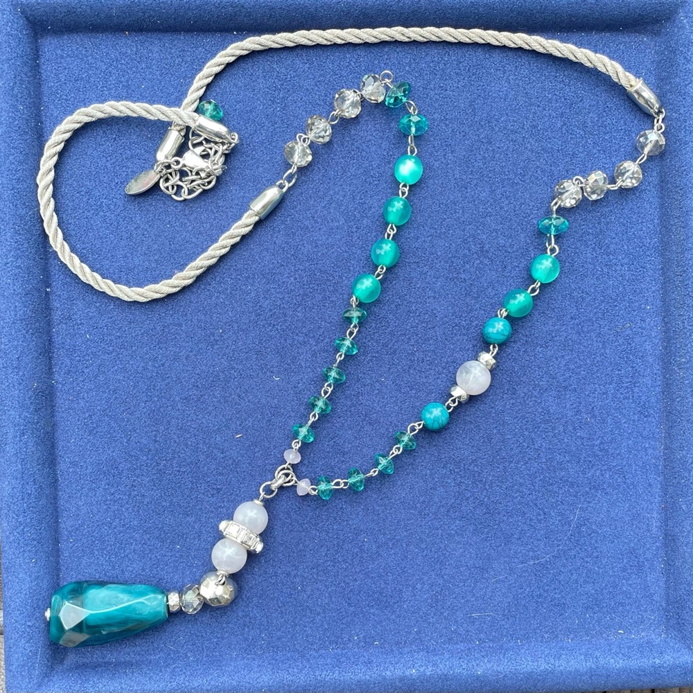 Chicos long silver & Aqua/turquoise neclace